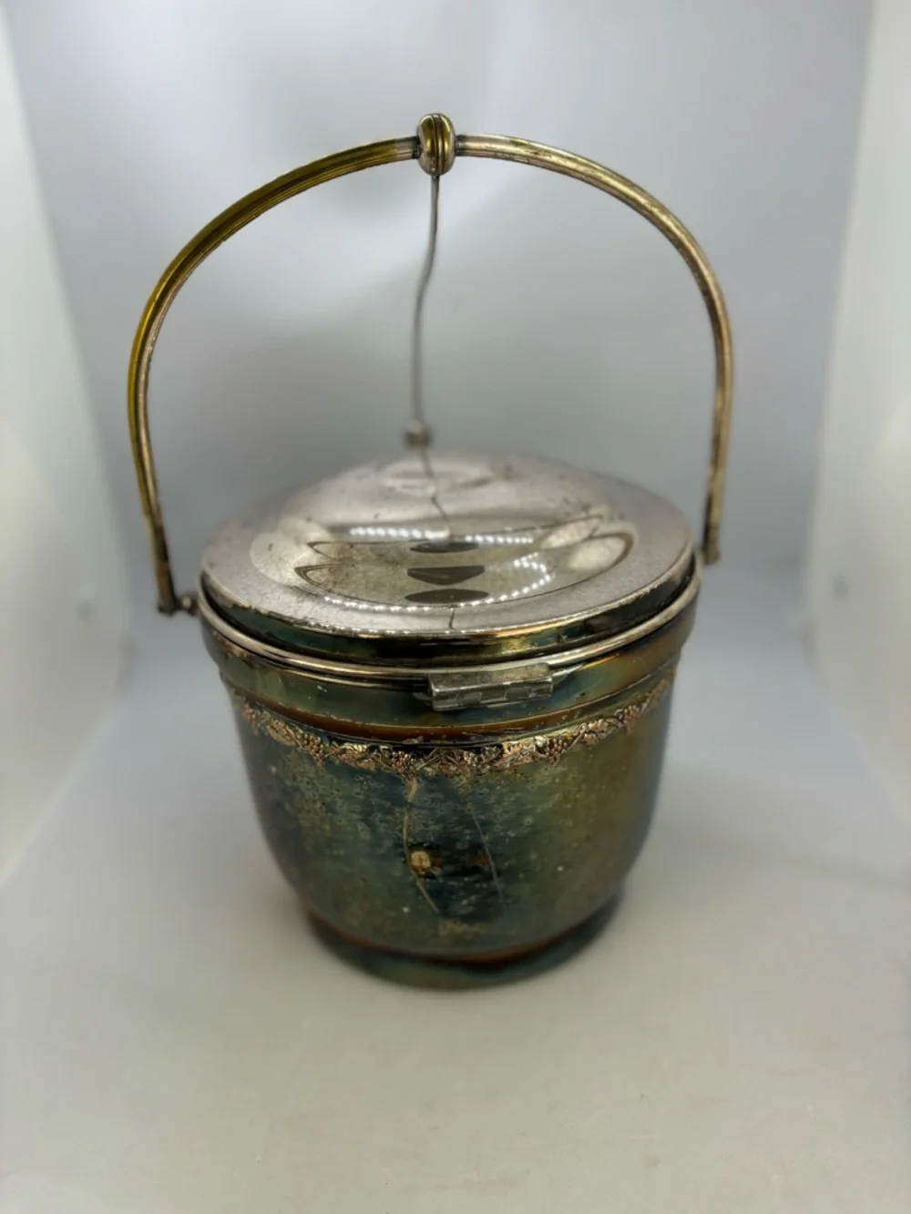 Vintage 1950’s Swing-top Ice Bucket-Silver on Copper/Grape & Leaf design